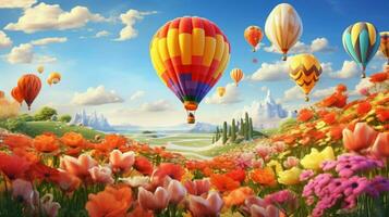 bunt heiß Luft Ballon fliegt Über hell Blumen foto