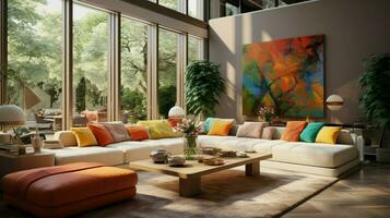 komfortabel modern Leben Zimmer mit beschwingt natürlich Farbe foto