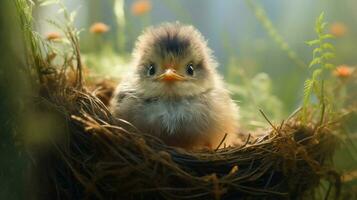 süß Baby Vogel mit flauschige Gefieder im ein grasig foto