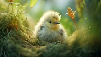 süß Baby Vogel mit flauschige Gefieder im ein grasig foto