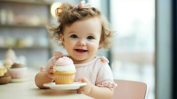 süß Baby Mädchen lächelnd während Essen Süss Cupcake drinnen foto