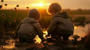 süß Jungs spielen im Natur beim Sonnenuntergang foto