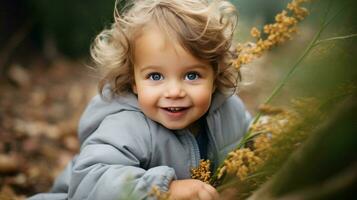 süß Kind draußen lächelnd suchen beim Kamera heiter foto