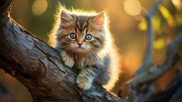süß pelzig Kätzchen Sitzung auf Baum Ast suchen beim Kamera foto