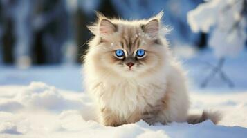 süß Kätzchen Sitzung im Schnee suchen beim Kamera mit Blau foto