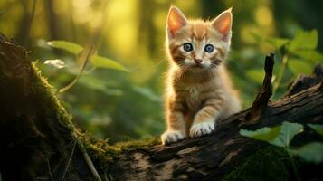 süß Kätzchen Sitzung auf Ast suchen beim Kamera im Wald foto