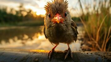 süß jung Vogel mit Schnabel suchen beim Kamera im Natur foto