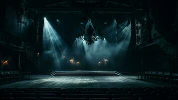 dunkel Bühne Innerhalb alt Theater beleuchtet durch Ausrüstung foto