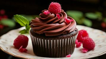 dekadent Schokolade Himbeere Cupcake ein Süss Genuss foto