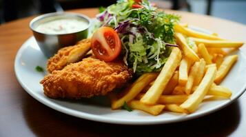 tief gebraten Filet mit Fritten und Salat foto