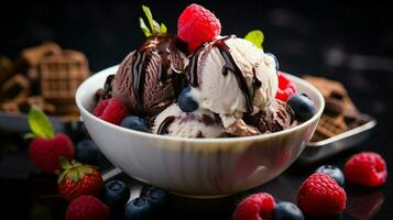 Dessert Genuss Eis Sahne Schokolade frisch Beeren foto