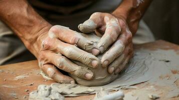 schmutzig Hand Formen Lehm im draussen Werkstatt foto