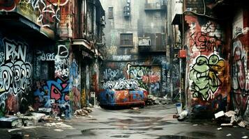 schmutzig Straßen Graffiti Wände chaotisch Stadt Leben foto