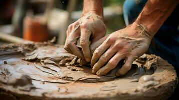 schmutzig Hand Formen Lehm im draussen Werkstatt foto