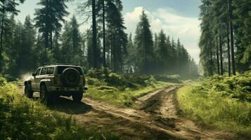 Fahren aus Straße Abenteuer durch Wald und Wiese foto