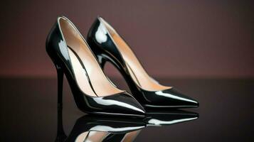 elegant schwarz Stilettos mit glänzend Leder Fertig foto