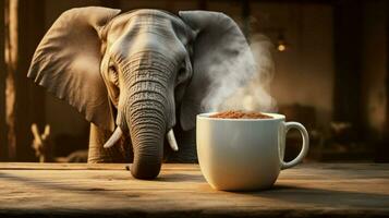 Elefant Becher Schlucke heiß Kaffee auf hölzern Tabelle foto