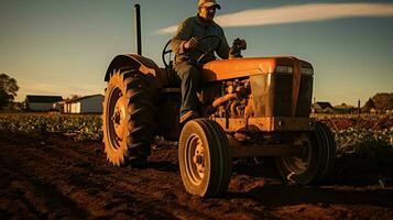 Bauernhof Arbeiter Fahren Traktor bereitet vor zum Ernte foto