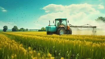 Bauernhof Arbeiter Fahren Traktor Sprühen Grün Wiese foto