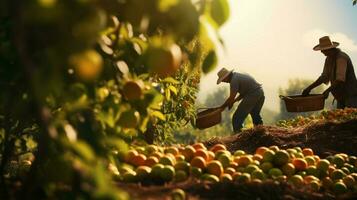 Bauern Ernte frisch Obst im das Herbst Sonnenlicht Hitze foto