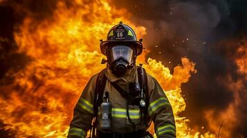 Feuerwehrmann im schützend Ausrüstung Kämpfe tobt foto