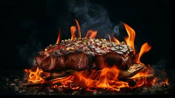 Flamme gegrillt Fleisch Kochen auf Flammen foto