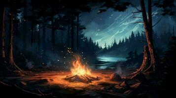 Wald Lagerfeuer beim Nacht Flammen leuchten Natur Schönheit foto