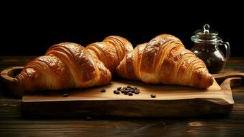 Französisch Essen Gourmet Mahlzeit frisch Croissant auf hölzern Tabelle foto