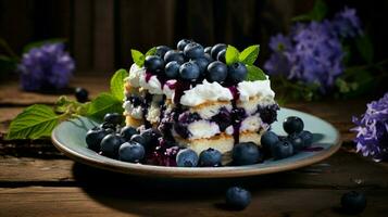 frisch Blaubeere Dessert auf rustikal hölzern Tabelle perfekt foto