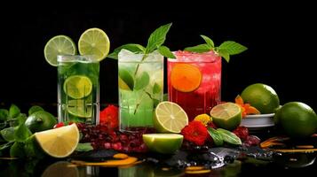 frisch Cocktails mit Limette und Obst auf Tabelle foto