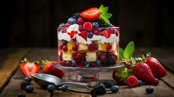 frisch fruchtig Dessert auf ein hölzern Tabelle foto