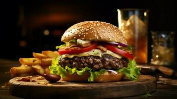 frisch Gourmet Burger Mahlzeit auf rustikal Holz Tabelle foto