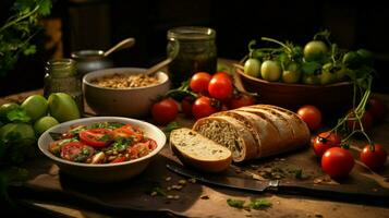 frisch gesund Vegetarier Mahlzeit auf hölzern Tabelle mit hausgemacht foto