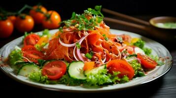 frisch Salat mit Tomate Karotte Fleisch und hausgemacht Dressing foto