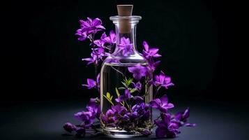 frisch Duft von lila Blume im Glas Flasche foto