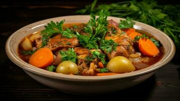 frisch Gemüse Eintopf mit Schweinefleisch Zwiebel Karotte und Petersilie foto