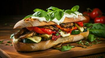 frisch Vegetarier Ciabatta Sandwich mit gegrillt Gemüse foto