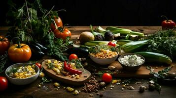 frisch Vegetarier Gourmet Mahlzeit auf rustikal Holz Tabelle foto