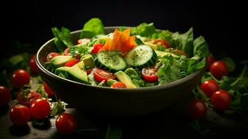 frisch Vegetarier Salat Schüssel mit organisch Grün Gemüse foto