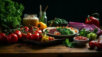 frisch Vegetarier Mahlzeit auf rustikal hölzern Tabelle gesund Essen foto