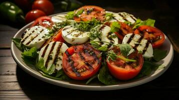 frisch Vegetarier Salat mit gegrillt Tomate und Mozzarella foto