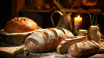 frisch gebacken Brot ein Gourmet Mahlzeit auf ein rustikal hölzern Tabelle foto