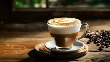 frisch gebraut Kaffee im ein schaumig Cappuccino auf hölzern Tabelle foto