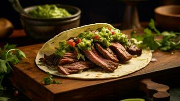 frisch gekocht Rindfleisch Taco auf ein hölzern Teller mit Guacamole foto