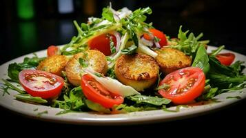 Frische auf ein Teller Gourmet Mahlzeit Brot Salat gesund Essen foto
