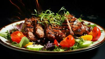 Frische auf ein Teller Gourmet Salat gegrillt Fleisch gesund foto