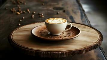 schaumig Cappuccino auf elegant hölzern Kaffee Tabelle foto