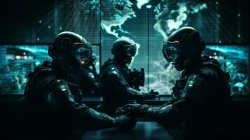 futuristisch bewaffnet Kräfte im schwarz Hintergrund Militär- Wissenschaft foto