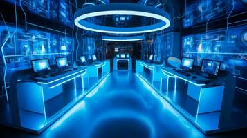 futuristisch Computer Labor mit hell Blau Beleuchtung foto