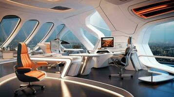 futuristisch Büro Design mit modern Technologie Ausrüstung foto